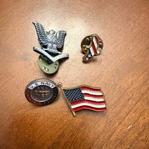 Patriotic American Flag and Military Pins Set - Red, White & Blue Set of 4